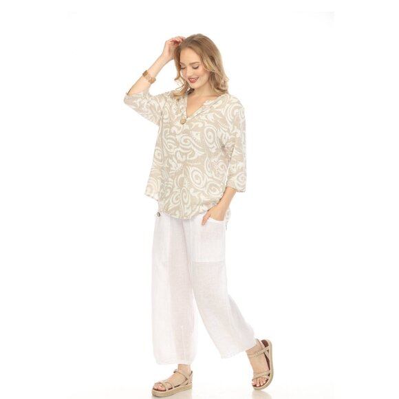 Taupe Spiral Print V-Neck Button Detail Top - Picture 6 of 8